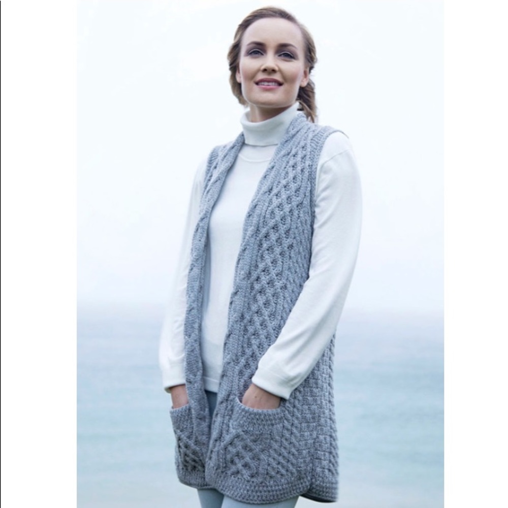 Irish Aran Merino Wool Knit Waistcoat Vest Grey